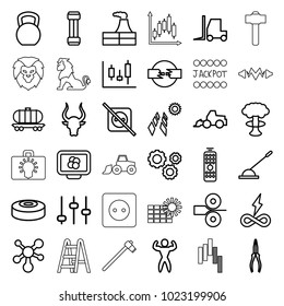 Power icons. set of 36 editable outline power icons such as bull, factory, excavator, tractor, pliers, adjust, panel control, expander sport, kettle bell, solar panel, no plug