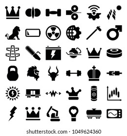 Power icons. set of 36 editable filled power icons such as lion, bull, crown, flash, excavator, electric saw, barbell, man symbol, atom fusion, solar panel, radiation