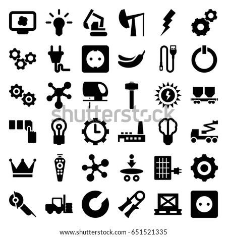 Power icons set. set of 36 power filled icons such as forklift, plug socket, banana, push button, gear, flash, bulb, excavator, crane, electric saw, garden hammer