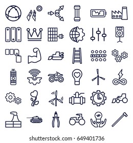 Power icons set. set of 36 power outline icons such as mill, factory, crown, jackpot, push button, excavator, tractor, pliers, pump, ladder, garden hammer, bulb heart