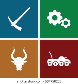 power icons set. Set of 4 power filled icons such as bull, military car, gear