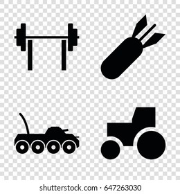 Power icons set. set of 4 power filled icons such as tractor, rocket bomb, military car