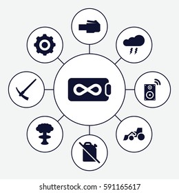 power icons set. Set of 9 power filled icons such as excavator, thunderstorm, gear    sign symb, music loudspeaker, hammer, no oil, endless battery, nuclear explosion