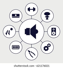 Power icons set. set of 9 power filled icons such as gear, pliers, barbell, loudspeaker, ful battery, air conditioner, lamp, solar panel