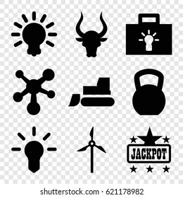 Power icons set. set of 9 power filled icons such as bull, Jackpot, tractor, bulb, atom, mill