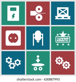 Power icons set. set of 9 power filled icons such as tank, jackpot, cargo on palette, gear, plug socket, battery, paper press