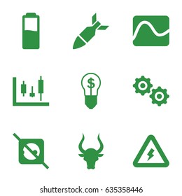 Power icons set. set of 9 power filled icons such as bull, gear, voltage warning, battery, rocket bomb, bulb with dollar, no plug, electricity