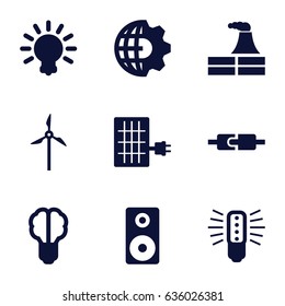 Power icons set. set of 9 power filled icons such as factory, loudspeaker, bulb, solar panel, mill, brain bulb, clobe gear