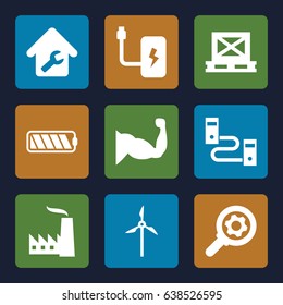 Power icons set. set of 9 power filled icons such as muscle, cargo on palette, home repair, battery, mill, factory, gear