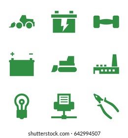 Power icons set. set of 9 power filled icons such as bulb, battery, excavator, tractor, pliers, factory, barbell