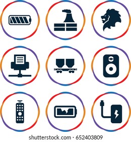 Power icons set. set of 9 power filled icons such as lion, factory, cargo wagon, broken battery, remote control, speaker, battery