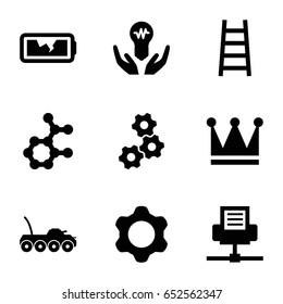 Power icons set. set of 9 power filled icons such as crown, ladder, broken battery, gear, military car, bulb in hand, atom