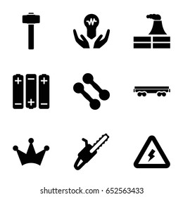 Power icons set. set of 9 power filled icons such as factory, crown, garden hammer, chain saw, cargo wagon, voltage warning, battery, bulb in hand