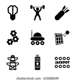 Power icons set. set of 9 power filled icons such as jackpot, pylon, remote control, solar panel, power lifter, rocket bomb, brain bulb, tractor