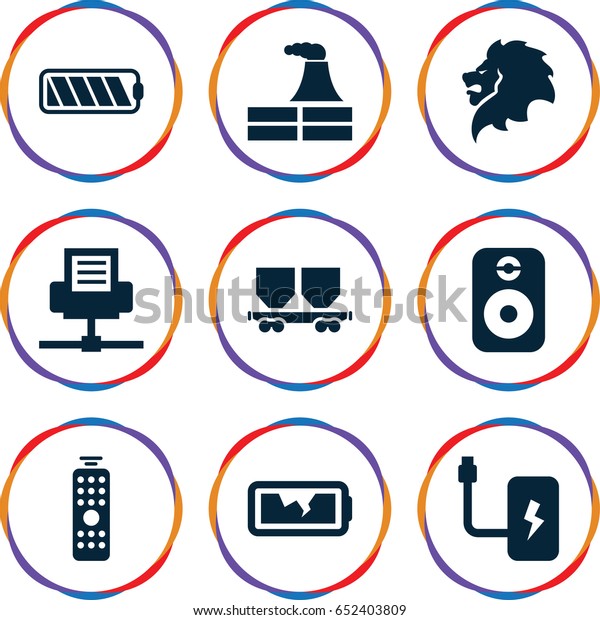 Power icons set. set of 9 power filled icons such\
as lion, factory, cargo wagon, broken battery, remote control,\
speaker, battery