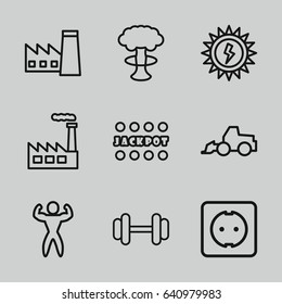 Power icons set. set of 9 power outline icons such as factory, jackpot, excavator, barbell, plug socket, sun battery, bodybuilder