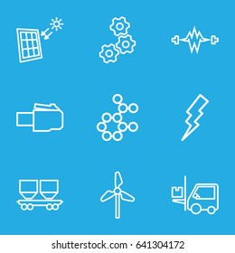 Power icons set. set of 9 power outline icons such as flash, forklift, cargo wagon, solar panel, gear, atom, mill, electricity