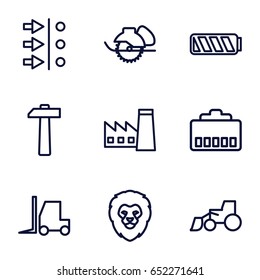 Power icons set. set of 9 power outline icons such as lion, factory, excavator, tractor, electric saw, battery, hammer, atom move