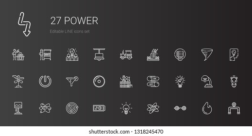 power icons set. Collection of power with barbell, atom, idea, battery, atoms, lamp, switch, barrel, saw, filter, wind turbine, light bulb. Editable and scalable power icons.