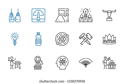 power icons set. Collection of power with gas, fan, atom, lion, crown, hammer, atoms, oils, idea, buffalo, fuel, voltmeter, boxing glove. Editable and scalable power icons.