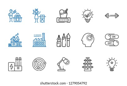 power icons set. Collection of power with idea, dumbbell, lamp, atoms, industry, switch, bulb, tools, factory, fire, barbell, renewable energy. Editable and scalable power icons.