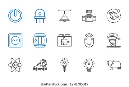 power icons set. Collection of power with ox, idea, electric car, atom, tornado, magnet, web plugin, barrel, socket, environment, valve, lamp. Editable and scalable power icons.