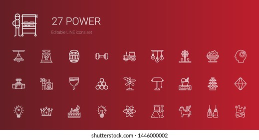 power icons set. Collection of power with pegasus, fuel, atom, idea, fire, crown, weight, desk lamp, wind turbine, industry, filter, campfire. Editable and scalable power icons.