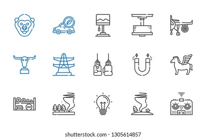 power icons set. Collection of power with remote control, tornado, idea, weight, pegasus, magnet, boxing glove, electric tower, buffalo, engine. Editable and scalable power icons.