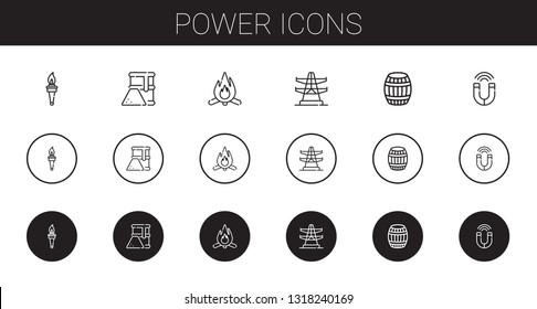 power icons set. Collection of power with torch, fuel, bonfire, electric tower, barrel, magnet. Editable and scalable power icons.