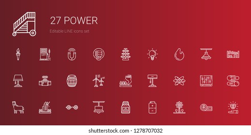 power icons set. Collection of power with windmill, battery, conserve, lamp, barbell, fire, horse, atomic, tornado, wind turbine, barrel, valve. Editable and scalable power icons.
