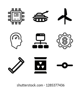 power icons set with hierarchical structure, windmill and gear vector set