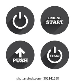 Power icons. Start engine symbol. Push or Press arrow sign. Circles buttons with long flat shadow. Vector