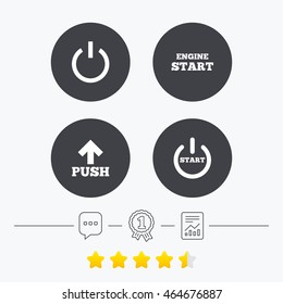 Power icons. Start engine symbol. Push or Press arrow sign. Chat, award medal and report linear icons. Star vote ranking. Vector