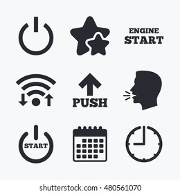 Power icons. Start engine symbol. Push or Press arrow sign. Wifi internet, favorite stars, calendar and clock. Talking head. Vector