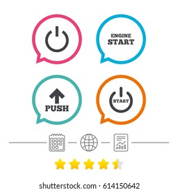 Power icons. Start engine symbol. Push or Press arrow sign. Calendar, internet globe and report linear icons. Star vote ranking. Vector