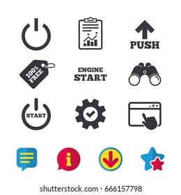 Power icons. Start engine symbol. Push or Press arrow sign. Browser window, Report and Service signs. Binoculars, Information and Download icons. Stars and Chat. Vector