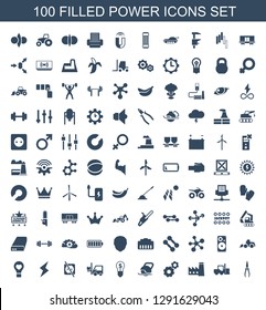 power icons. Trendy 100 power icons. Contain icons such as pliers, forklift, factory, gear, electric saw, bulb with dollar, no plug, flash, bulb heart. power icon for web and mobile.