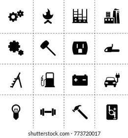 Power icons. vector collection filled power icons. includes symbols such as gear, car battery, robot transmission, electric car, factory. use for web, mobile and ui design.
