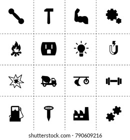 Power icons. vector collection filled power icons. includes symbols such as plow, factory, bulb, gas station, concrete mixer truck, nail. use for web, mobile and ui design.