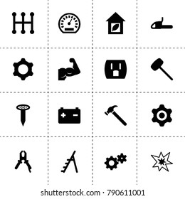 Power icons. vector collection filled power icons. includes symbols such as gear, speedometer, car battery, pliers, mechanical transmission. use for web, mobile and ui design.
