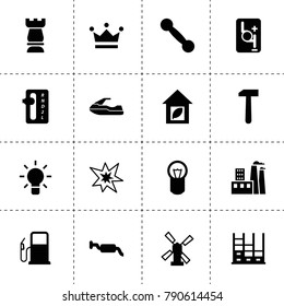 Power icons. vector collection filled power icons. includes symbols such as windmill, bulb, auto transmission, robot transmission, muffler. use for web, mobile and ui design.