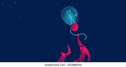 Power of idea, successful startup business concept. businessman flying on lightbulb