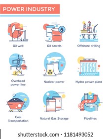 Power industry concept icons, thin line, flat design