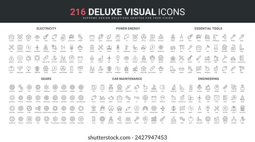 Power industry, electricity generation, equipment and tools for engineering and car maintenance service line icons set. Gears of engine, battery, factory station thin black symbols vector illustration