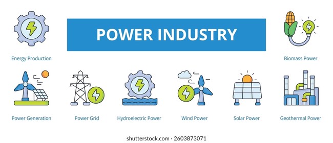 Power Industry Lineal Color Banner Web Icon Set Vector Illustration
