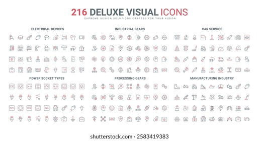 Power industry and manufacture, car garage, gears of automation processes line icon set. Electricians tools, electrical devices and machinery thin black and red outline symbols vector illustration