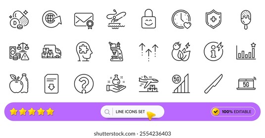 Power info, Fraud and Question mark line icons for web app. Pack of Microscope, Download file, Delivery truck pictogram icons. Medical shield, Mental conundrum, Dating signs. World globe. Vector