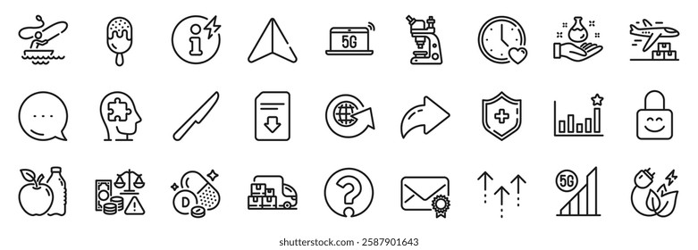 Power info, Fraud and Question mark line icons pack. Share, Message, Paper plane icons. Microscope, Download file, Delivery truck web icon. Medical shield, Mental conundrum, Dating pictogram. Vector