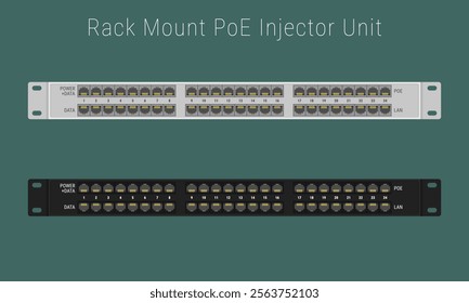 Power injector 1U panels for a 19-inch server rack or cabinet. Vector illustration in flat style