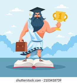 Power of intellect. Advantages of developed brain. Smart and strong man stands on book with golden cup, value of education and knowledge, high IQ. Vector isolated business concept